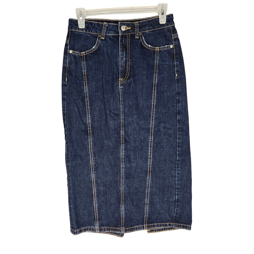 Zara Skirt Women XS Midi Dark Wash Blue Contrast Stitch Denim EUC
